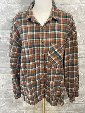 Dizzy lizzy Plaid Button-Down Flannel Shirt in Rust Orange & Teal